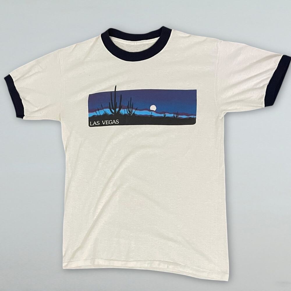Vintage 1980s Las Vegas Ringer T Shirt Desert Sunset Graphic Size Small